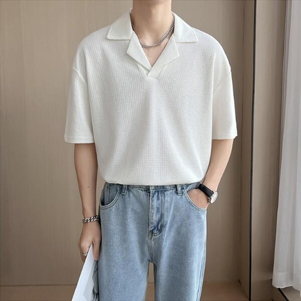 남자 와플 오픈 브이넥 오버핏 카라 두꺼운 반팔 티셔츠